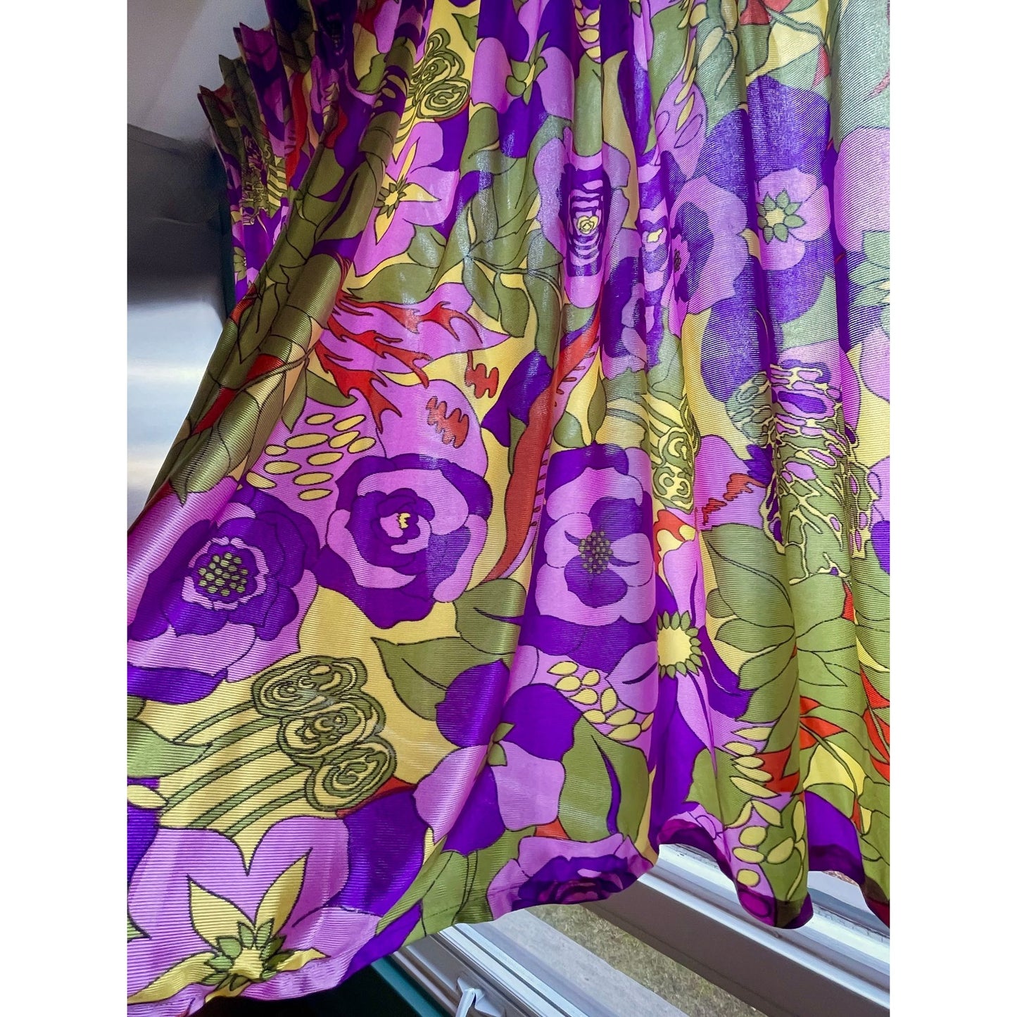 Vintage 70s pleated curtains, green purple abstract pattern