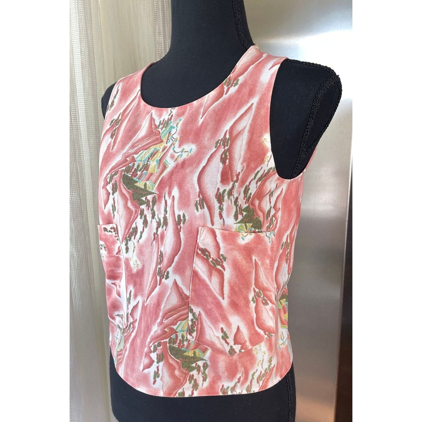 Vintage 80s tank top with pockets, pink abstract pattern
