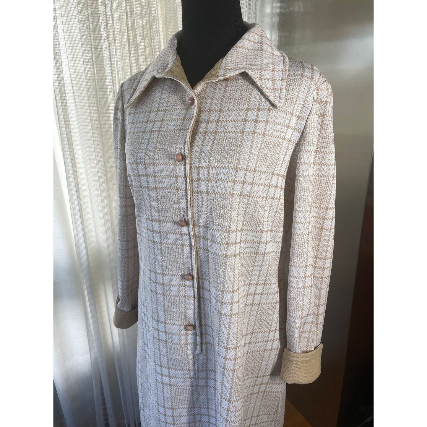 Vintage 70s dress, tan buffalo check pattern, long sleeves, Leo Danal