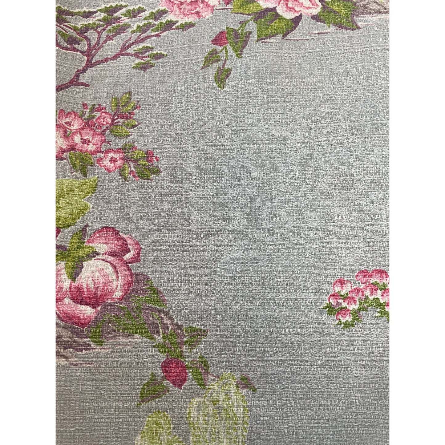 Vintage MCM barkcloth curtain, Asian inspired pink blossom trees