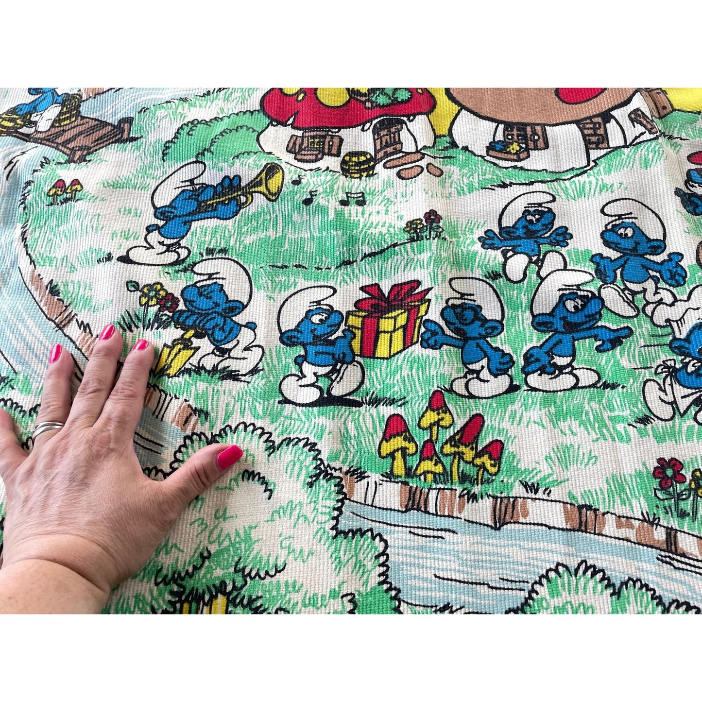 Vintage 70s pleated curtain, Smurf characters, thick panel