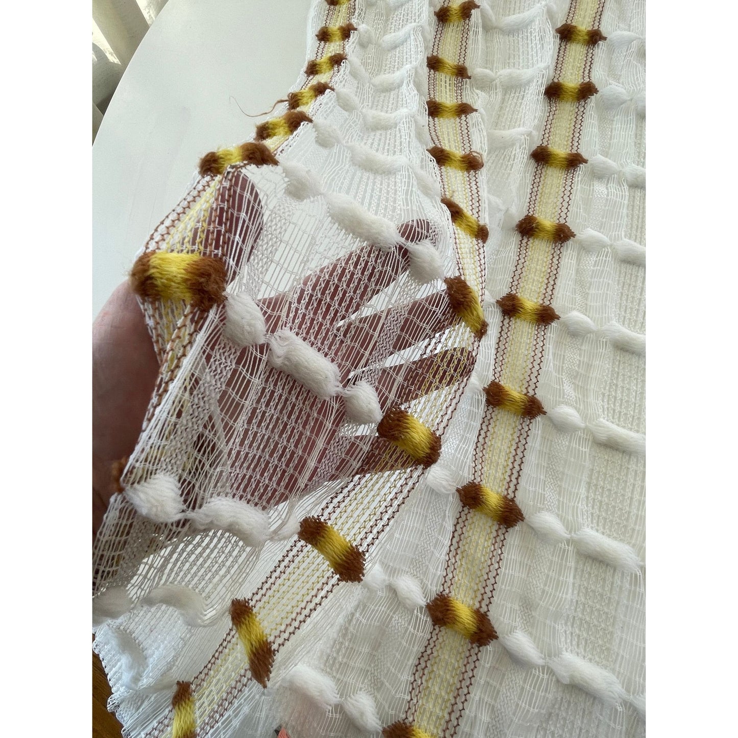 Vintage 70s curtain, orange brown geometric pattern, fluffy mesh panel