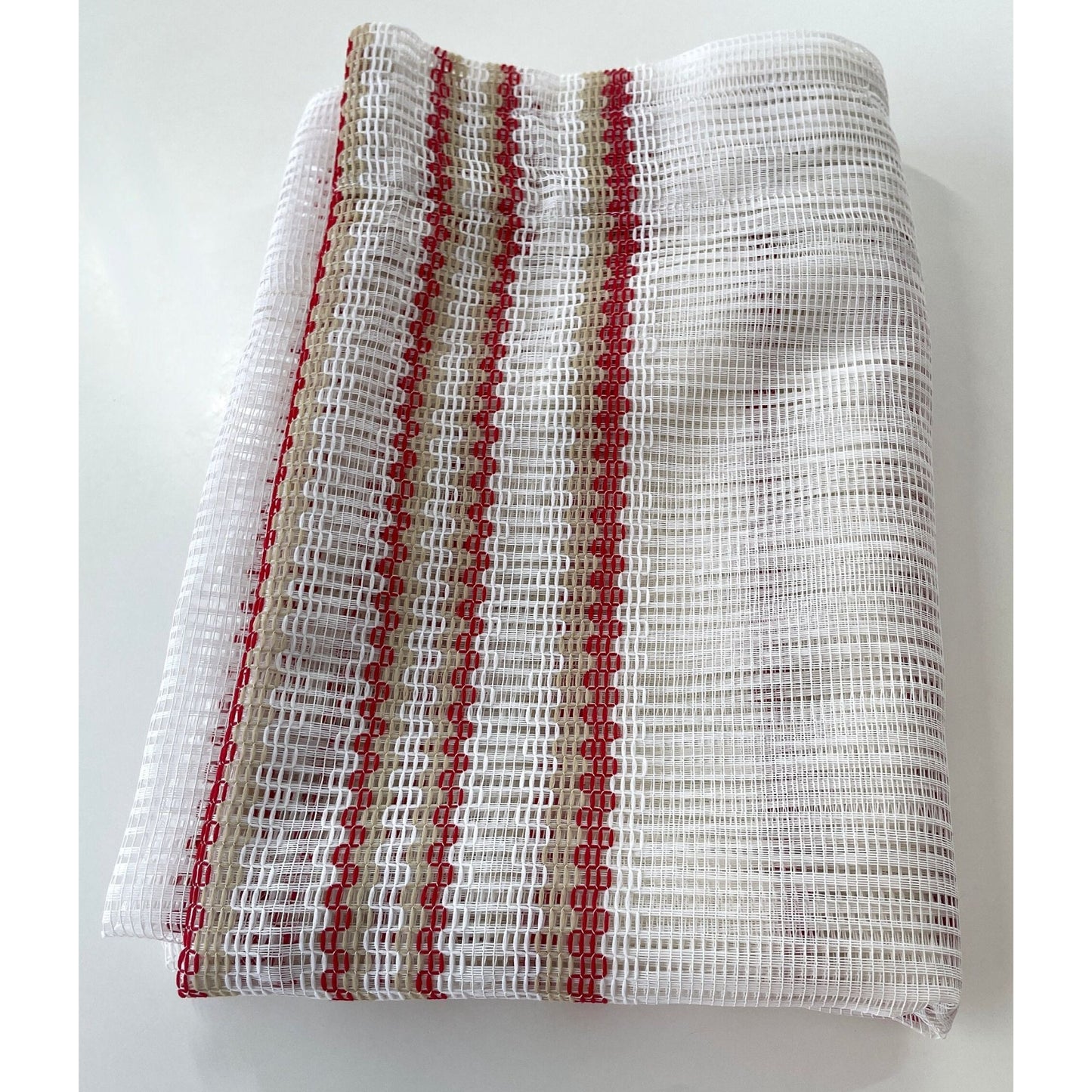 Vintage 70s curtain, red green sheer mesh panel