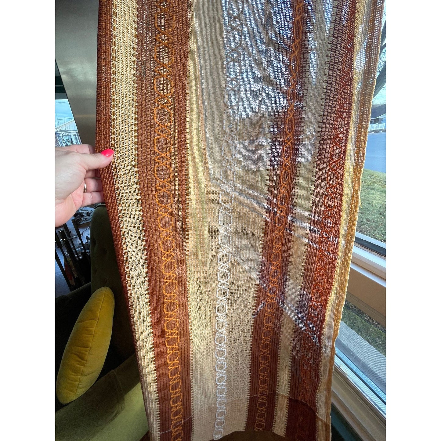 Vintage 70s net woven pleated curtains, brown stripes
