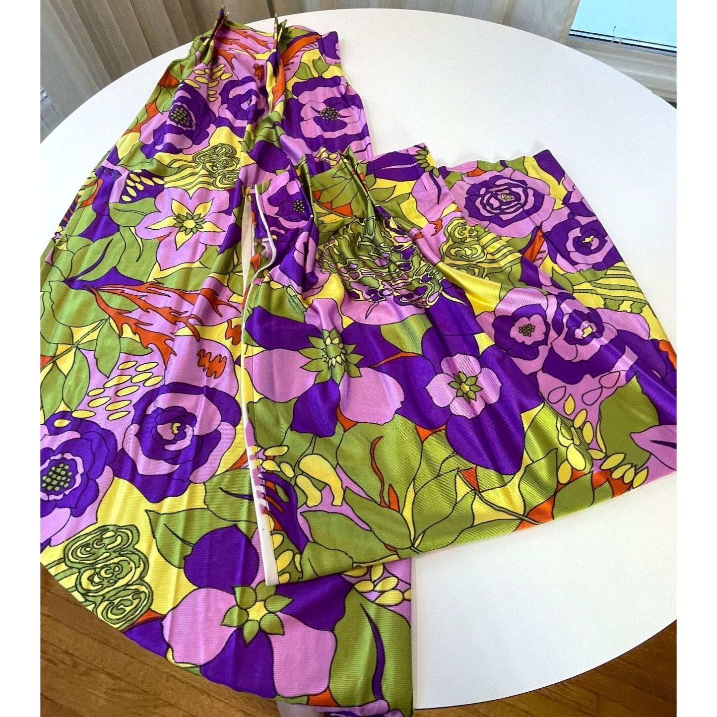 Vintage 70s pleated curtains, green purple abstract pattern