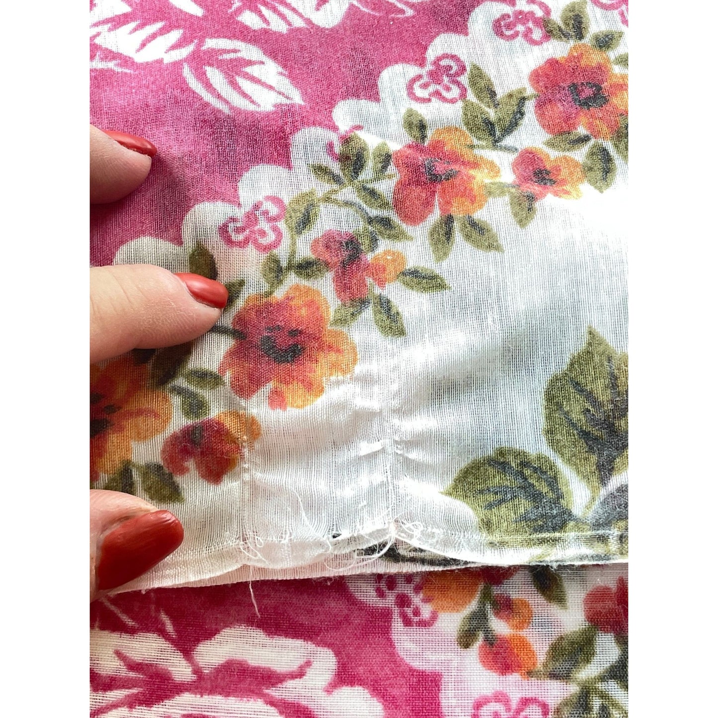 Vintage 70s curtains, pink floral sheer pair of panels