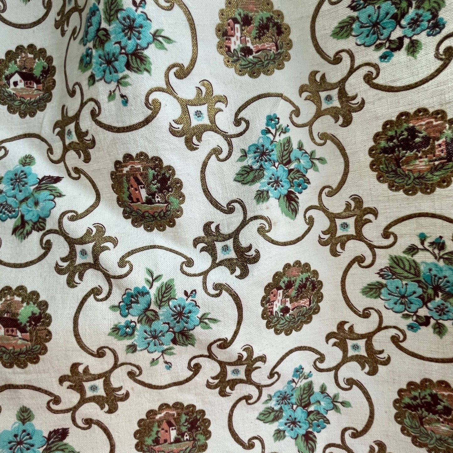 Vintage 50s curtain panel, cream blue gold pleated or rod pocket