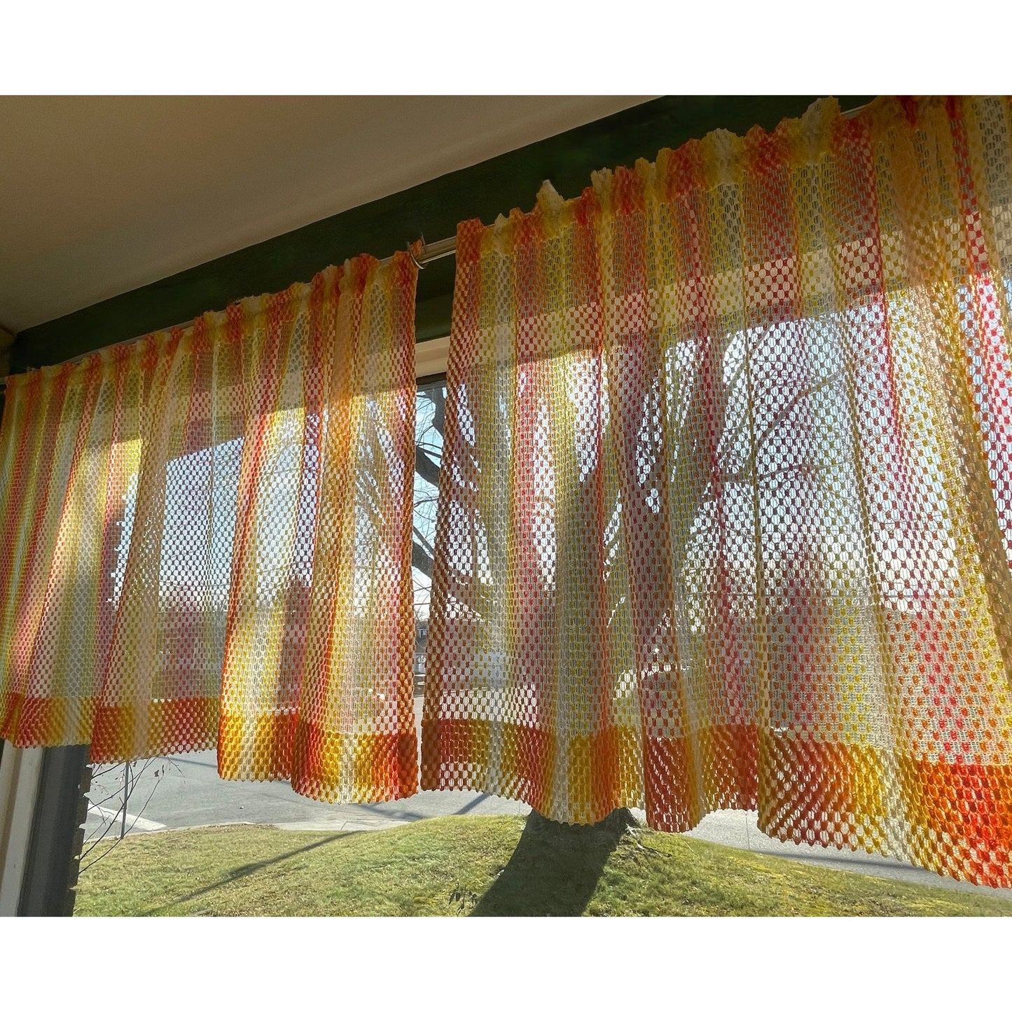 Vintage 70s curtain, orange yellow ombre pattern, mesh panel