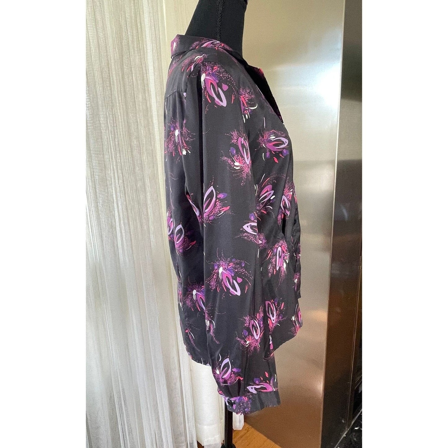 Vintage 80s satin blouse, black and hot pink, long sleeves