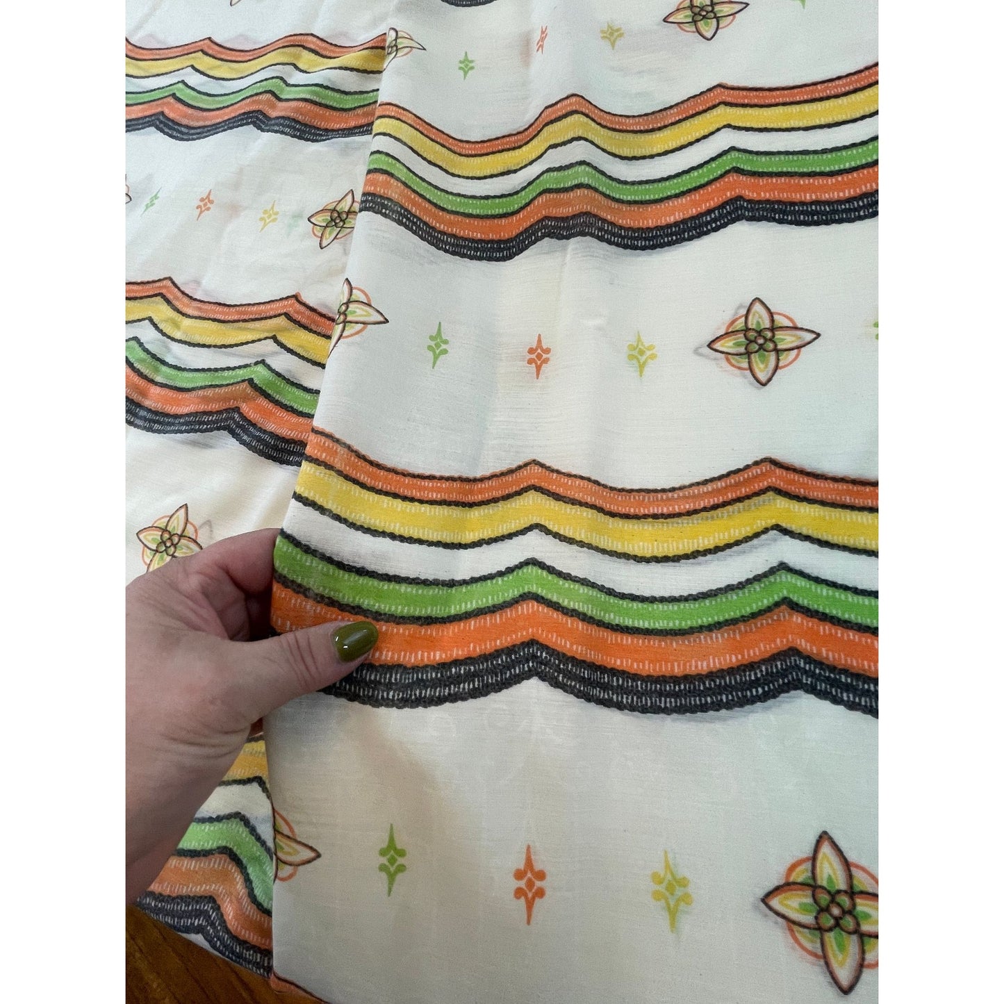 Vintage 60s geometric pattern curtains, orange green and brown