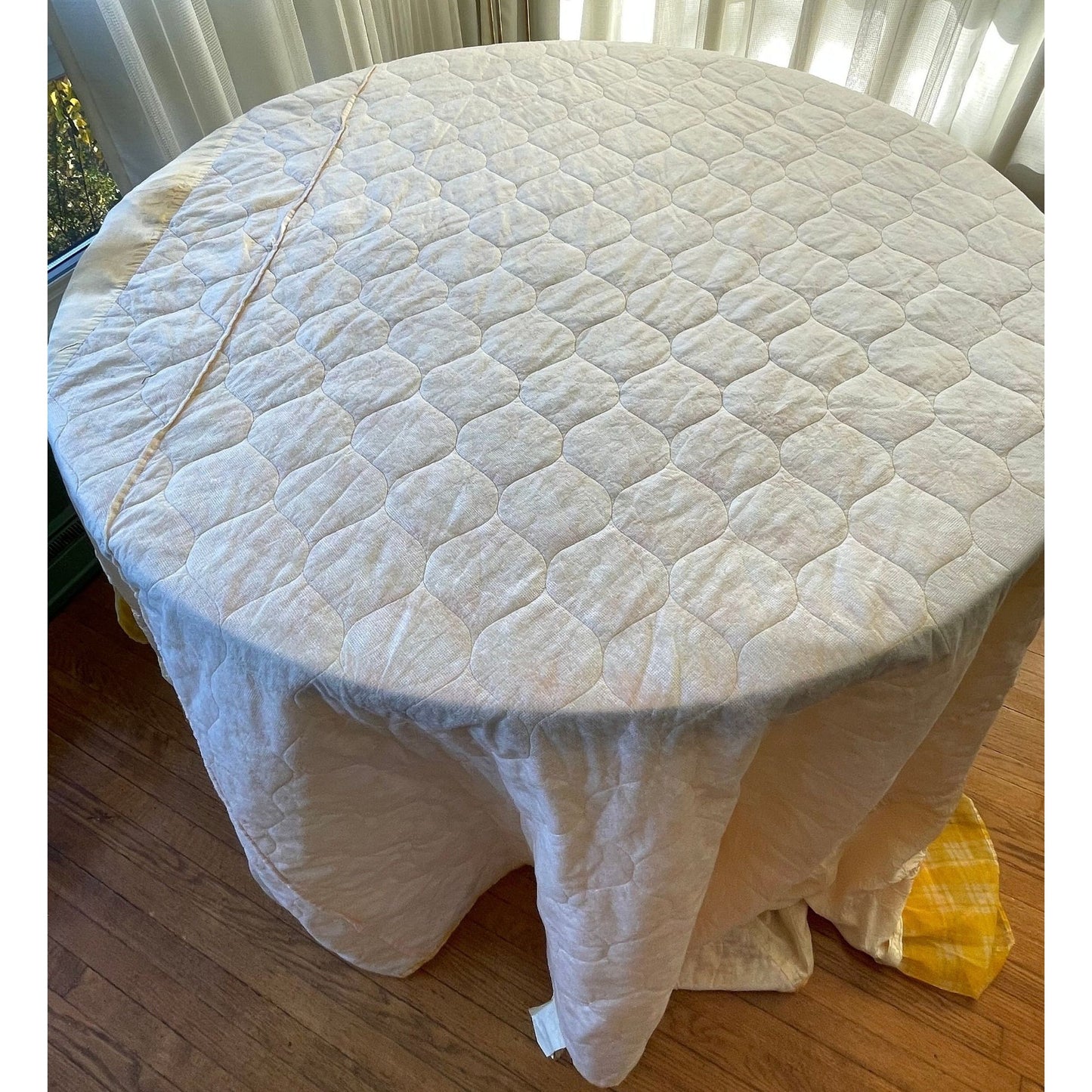 Vintage 70s quilted bedspread, yellow plaid ruffled satin, twin size