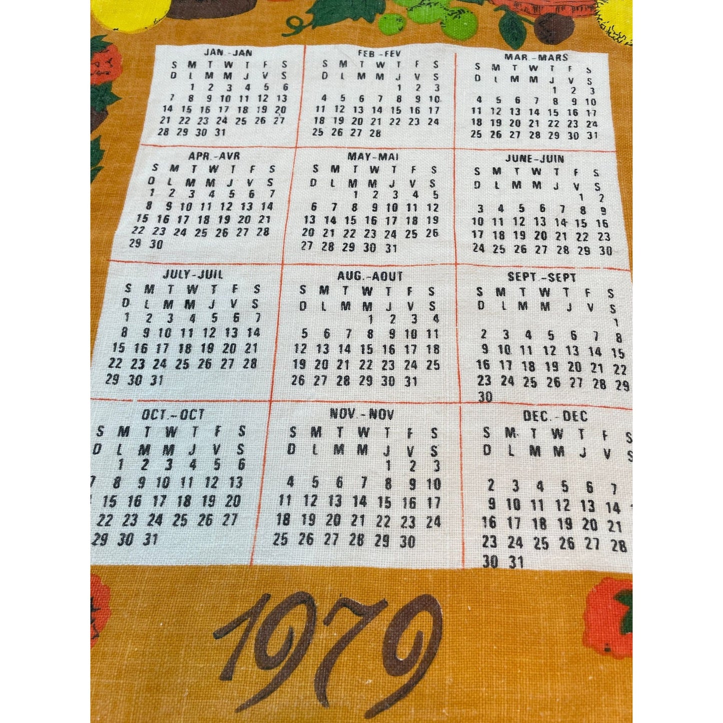 Vintage 1979 bilingual calendar tea towel