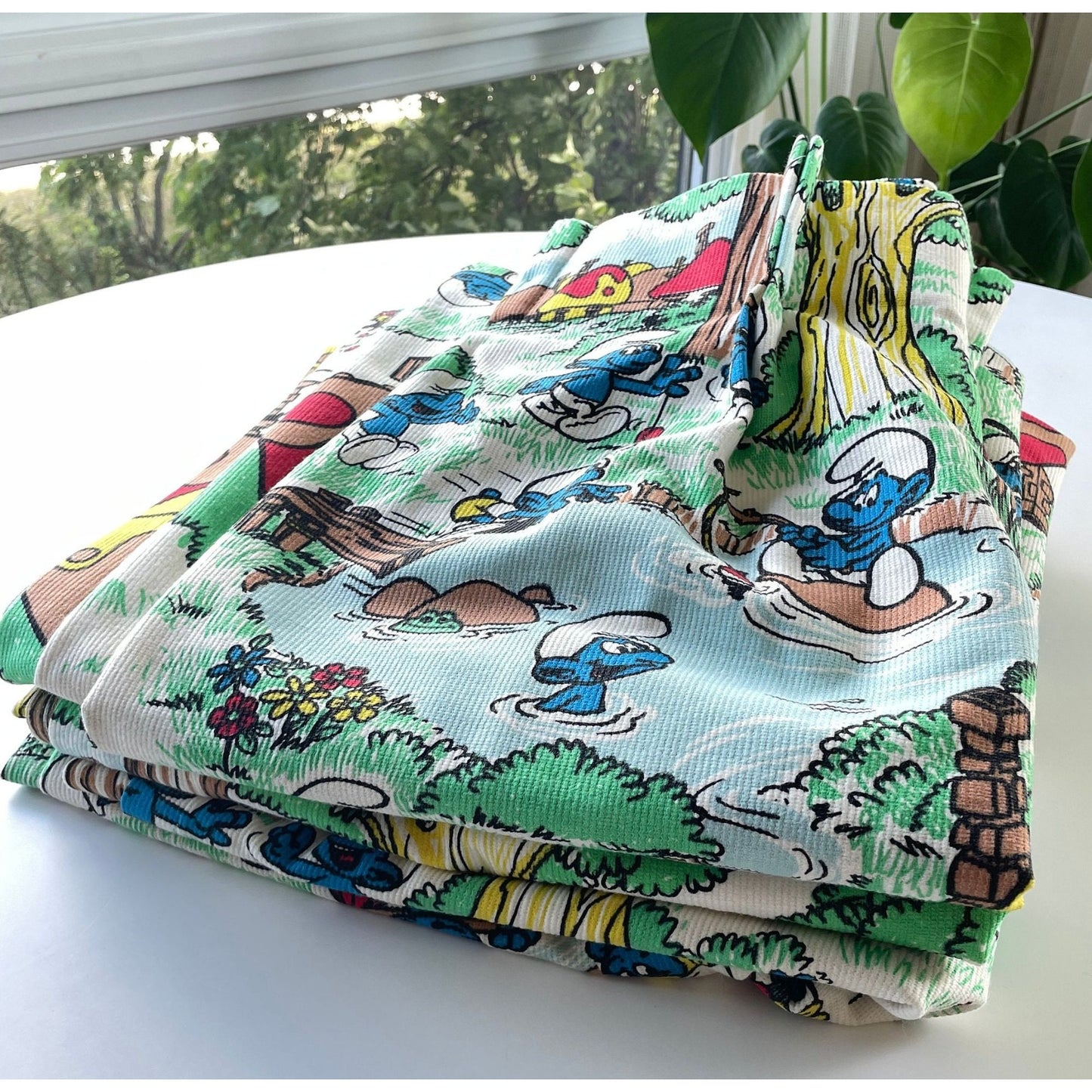 Vintage 70s pleated curtain, Smurf characters, thick panel