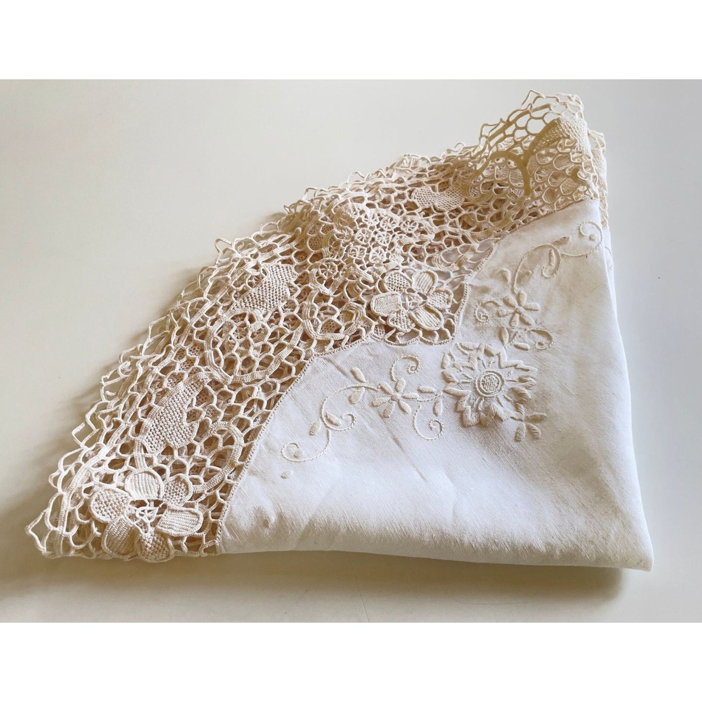 Vintage embroidered and crochet doily, 20 inches wide