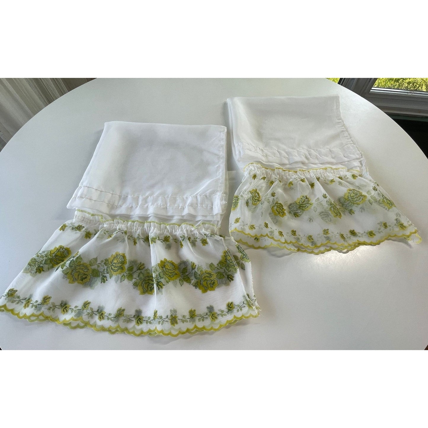 Vintage 50s cafe curtains, flocked floral ruffled panels