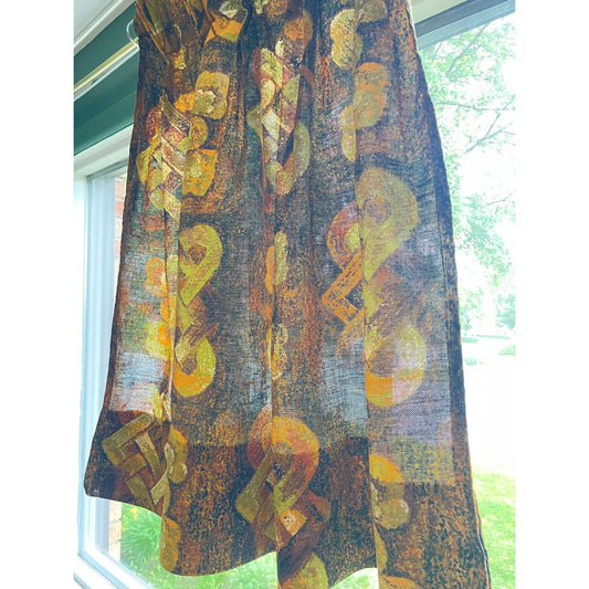 Vintage 60s pleated curtain, MOD orange and brown geometric pattern