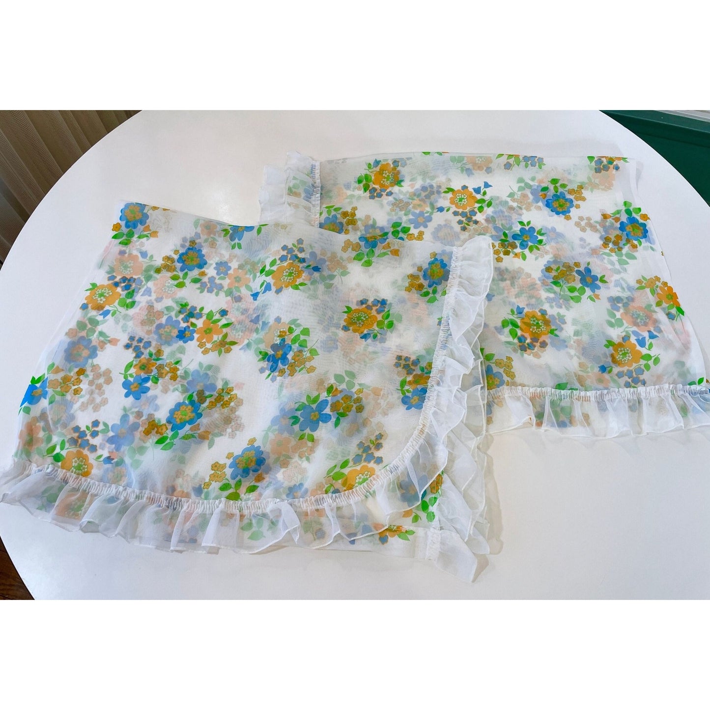 Vintage 80s ruffled panels, green blue flowers