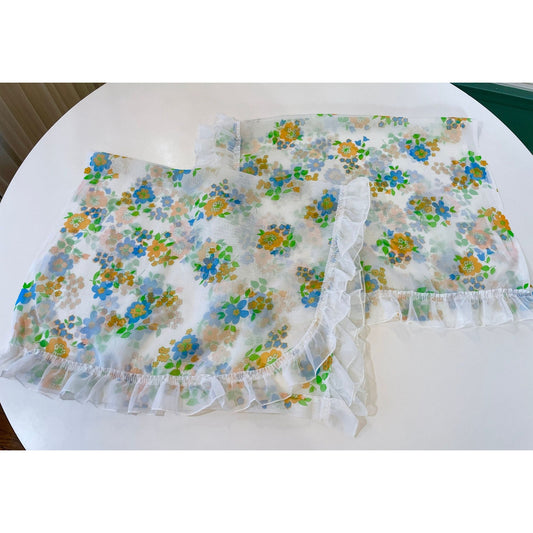 Vintage 80s ruffled panels, green blue flowers