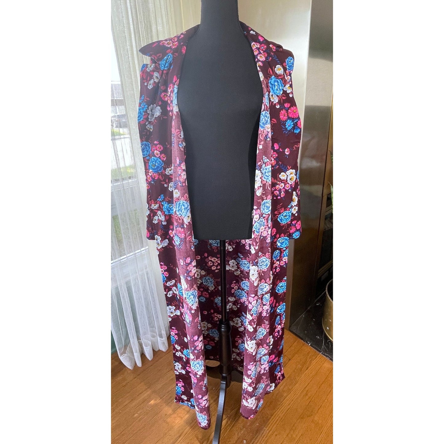 Vintage 70s house dress, burgundy red, blue and pink large flowers
