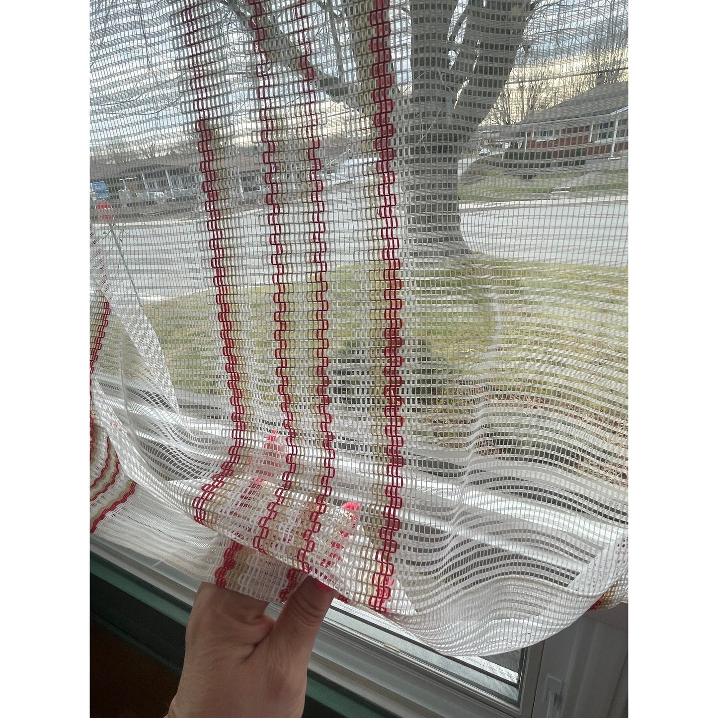 Vintage 70s curtain, red green sheer mesh panel