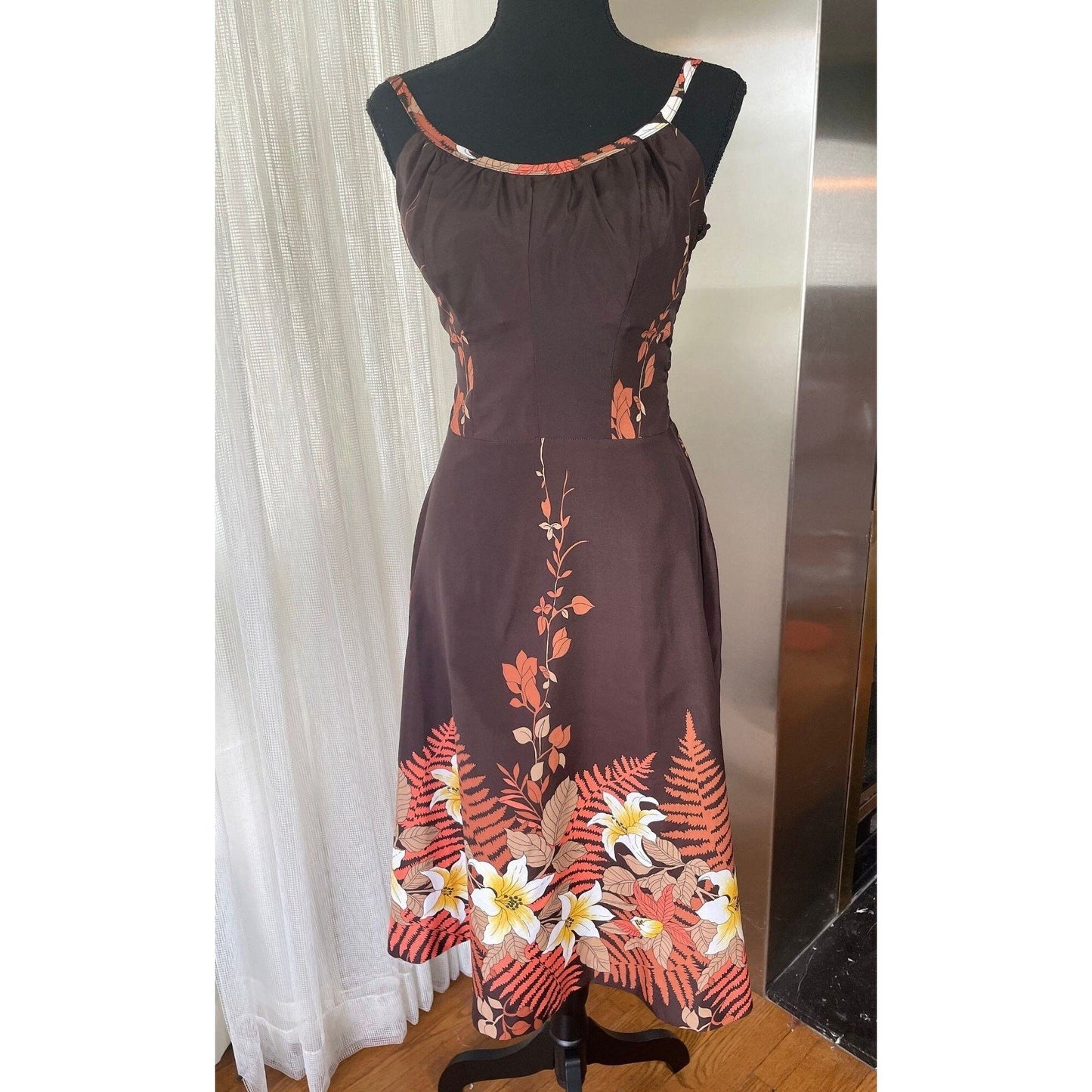 Vintage 80s dress, chocolate brown, sleeveless, bra inserts, Sand Pebble of Hawaii