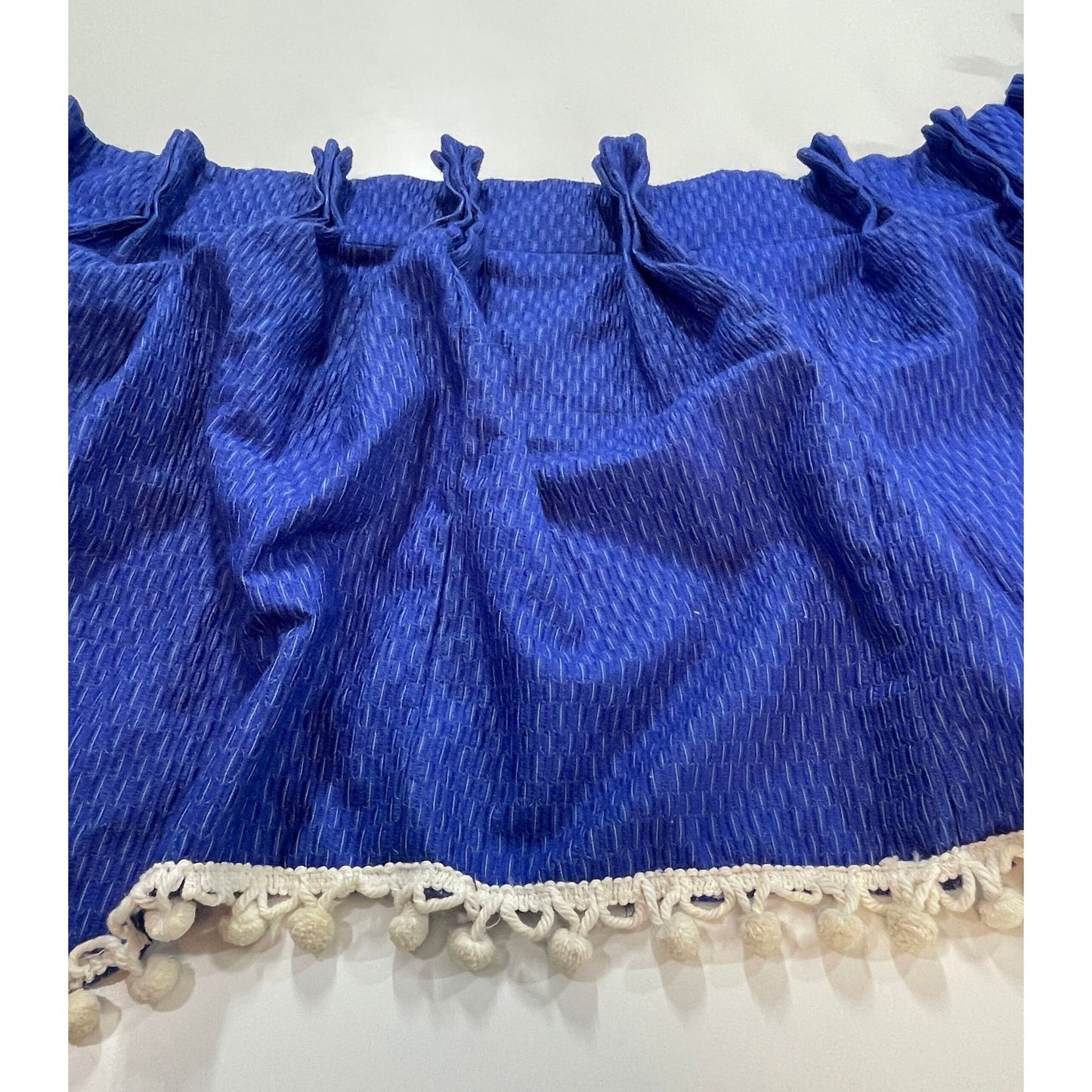 Vintage 70s pleated  curtain, indigo with white pompoms swag valance