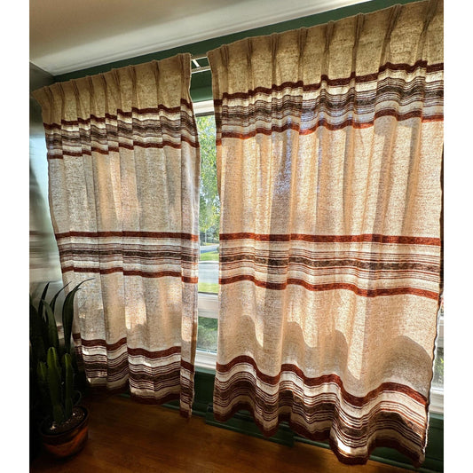 Vintage 70s pleated curtain, brown, beige stripes