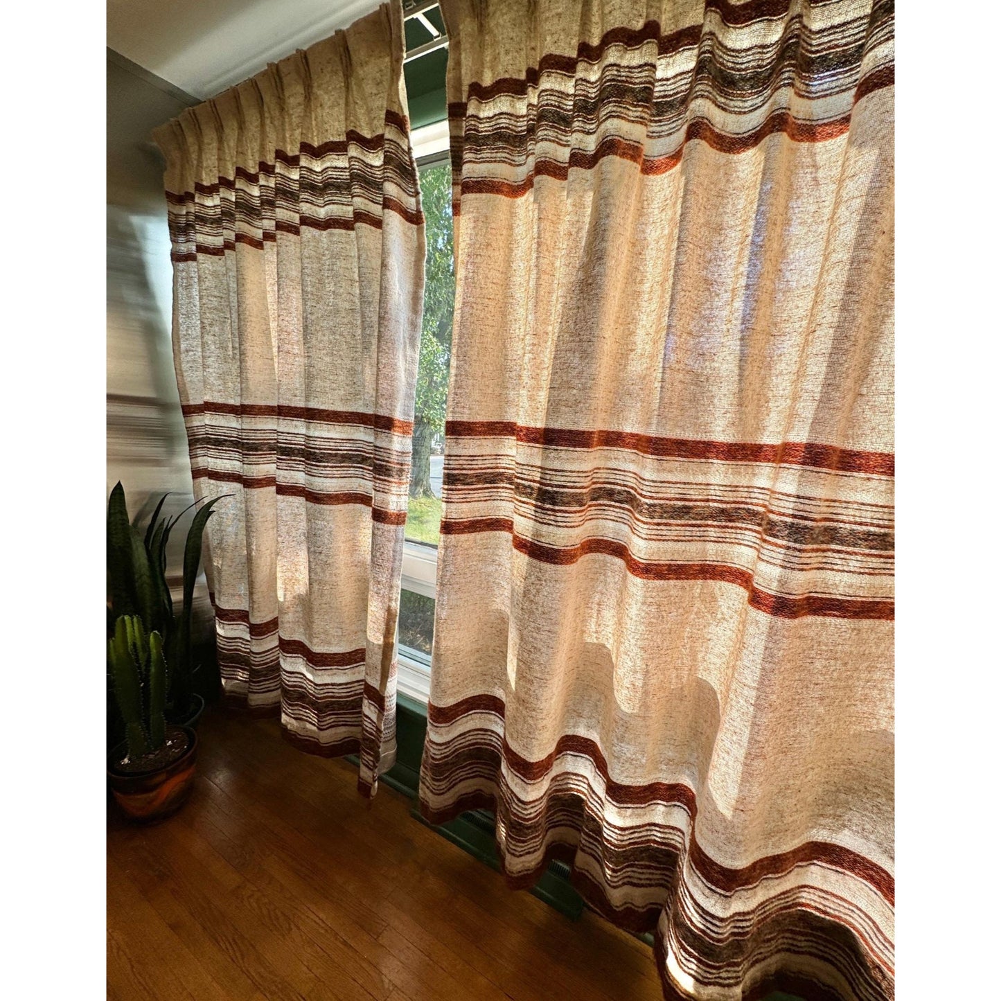 Vintage 70s pleated curtain, brown, beige stripes