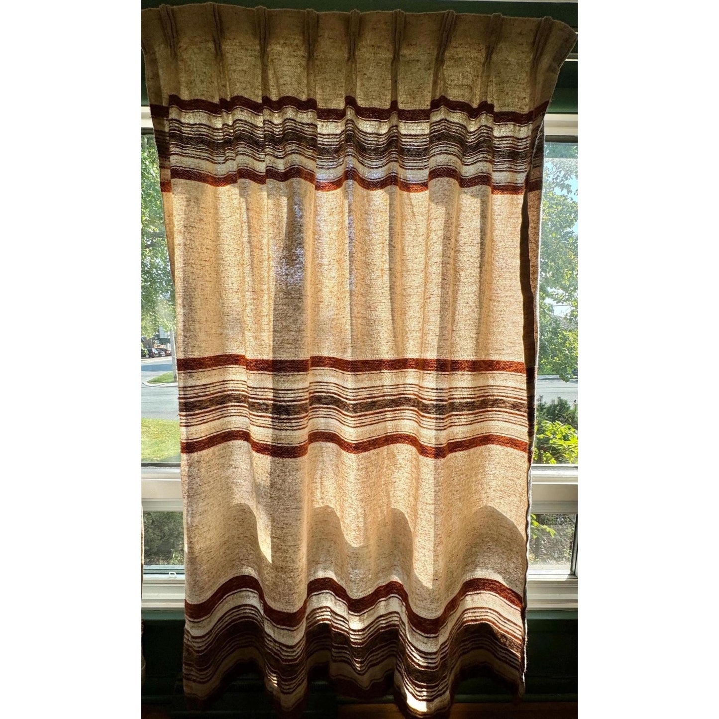 Vintage 70s pleated curtain, brown, beige stripes