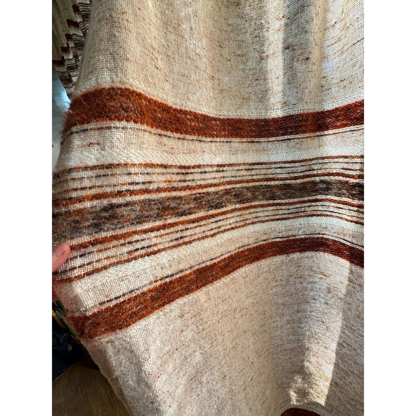 Vintage 70s pleated curtain, brown, beige stripes