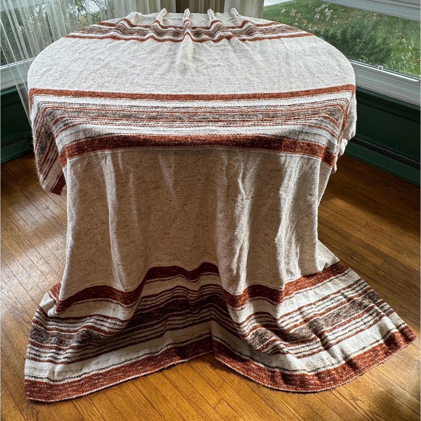 Vintage 70s pleated curtain, brown, beige stripes