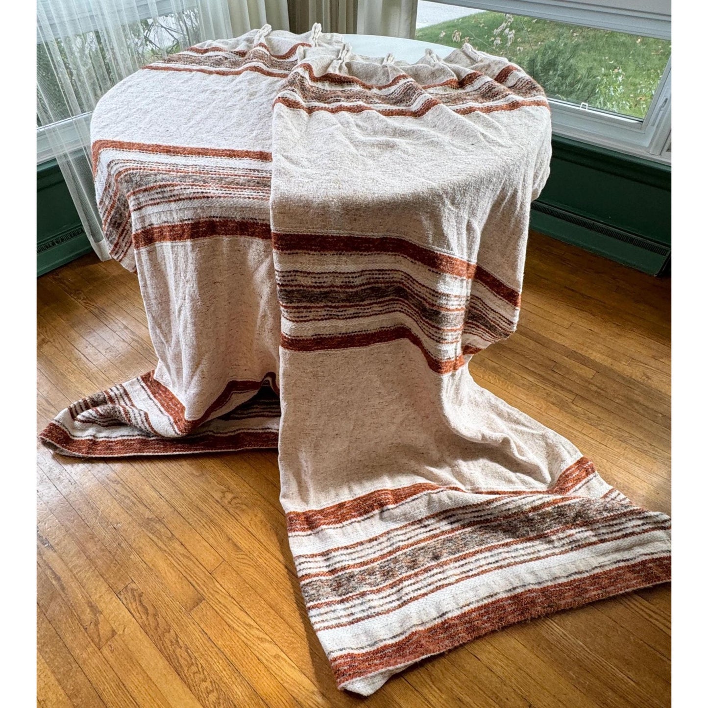 Vintage 70s pleated curtain, brown, beige stripes
