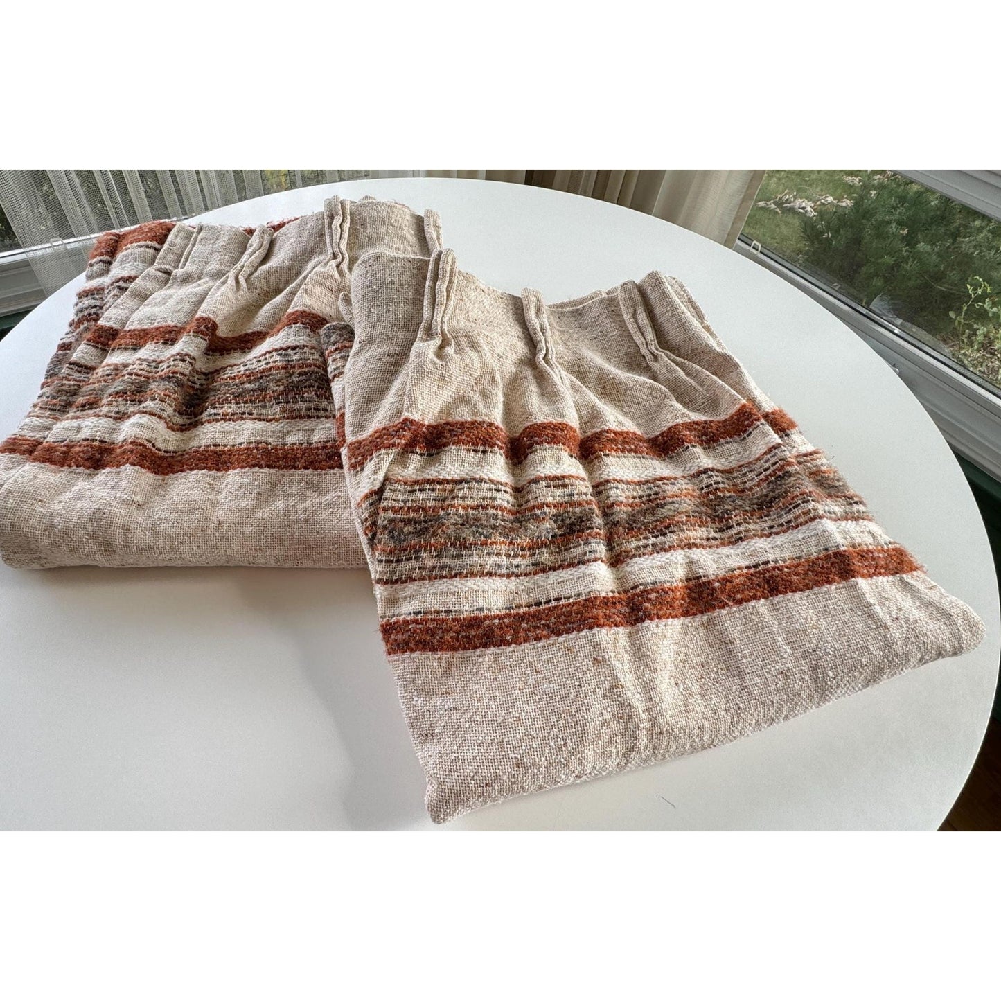 Vintage 70s pleated curtain, brown, beige stripes