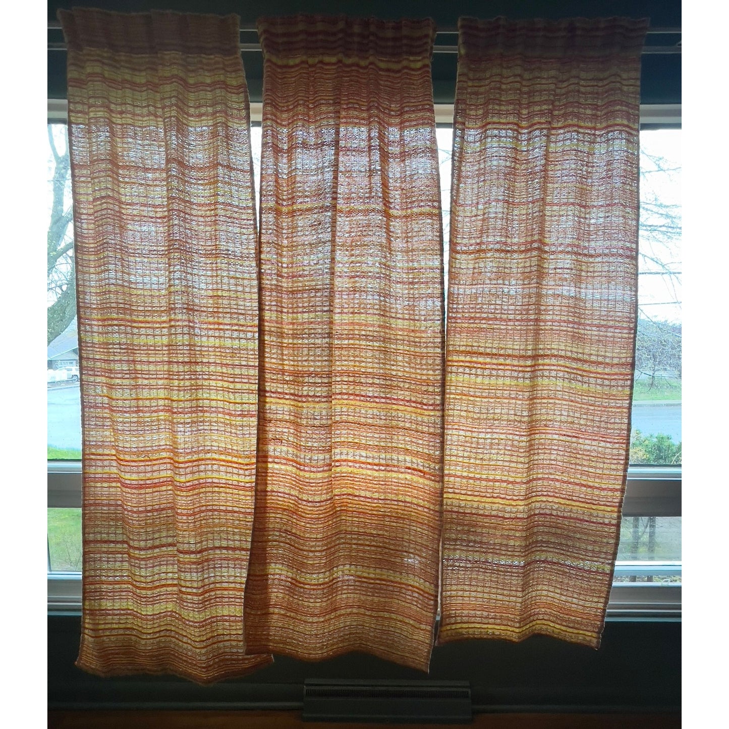 Vintage 70s pleated curtain, orange, yellow, tan stripes