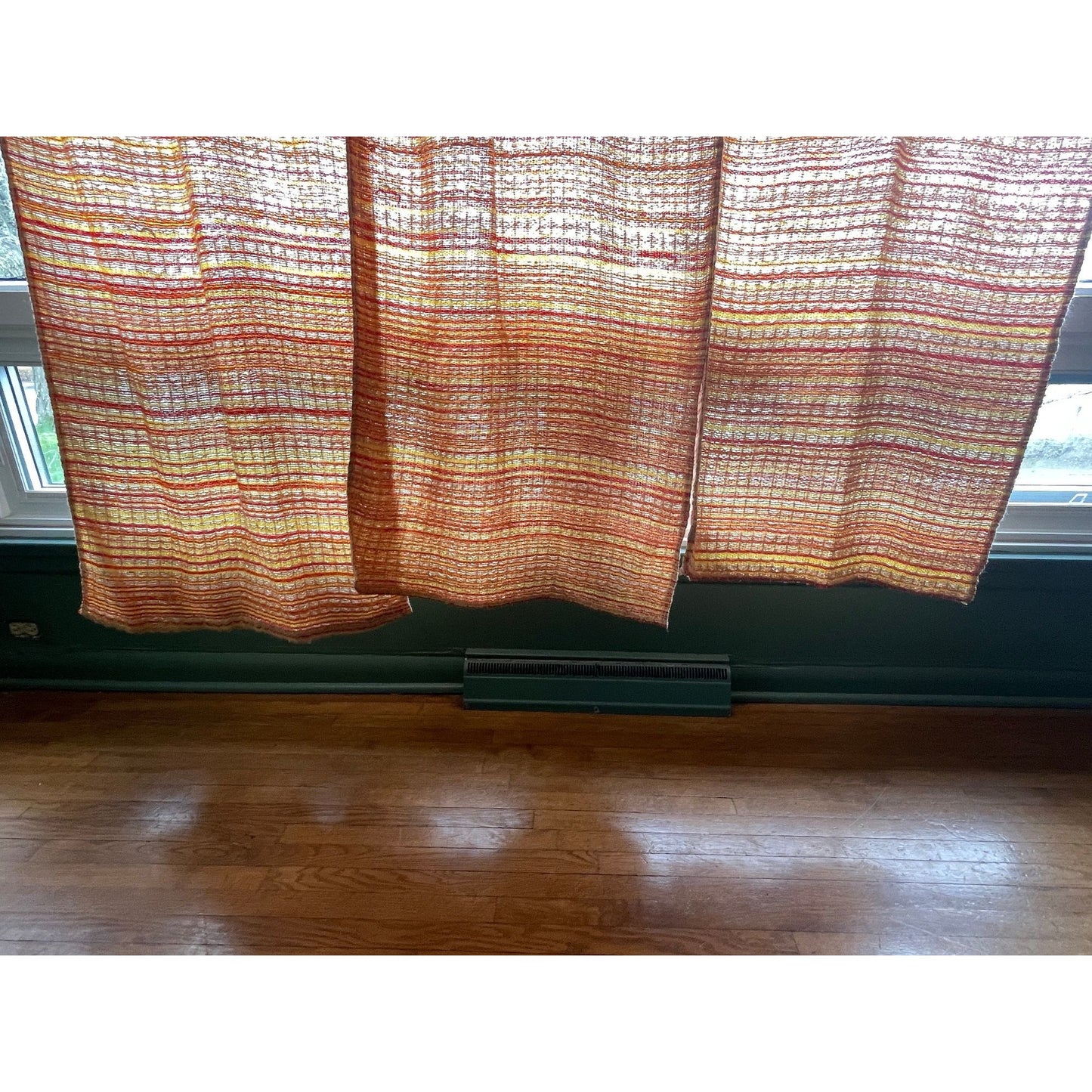 Vintage 70s pleated curtain, orange, yellow, tan stripes