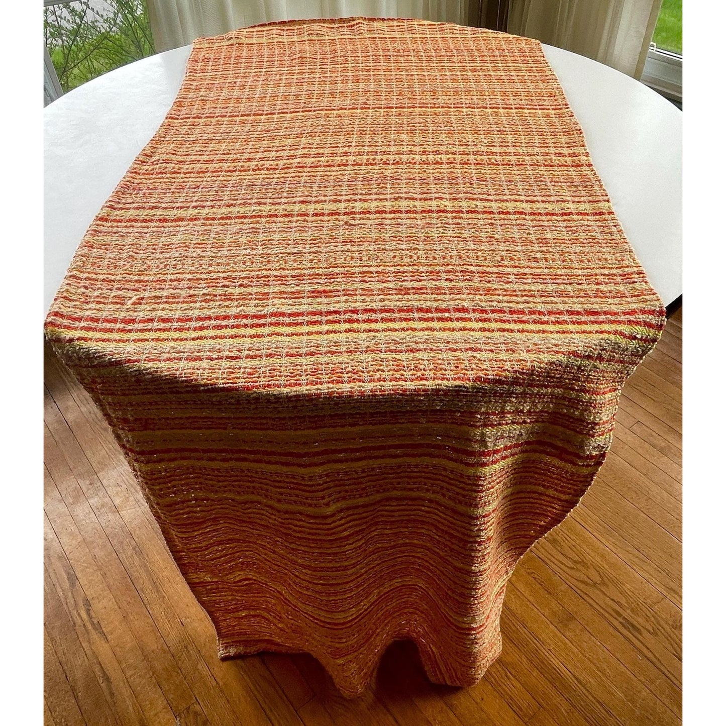 Vintage 70s pleated curtain, orange, yellow, tan stripes