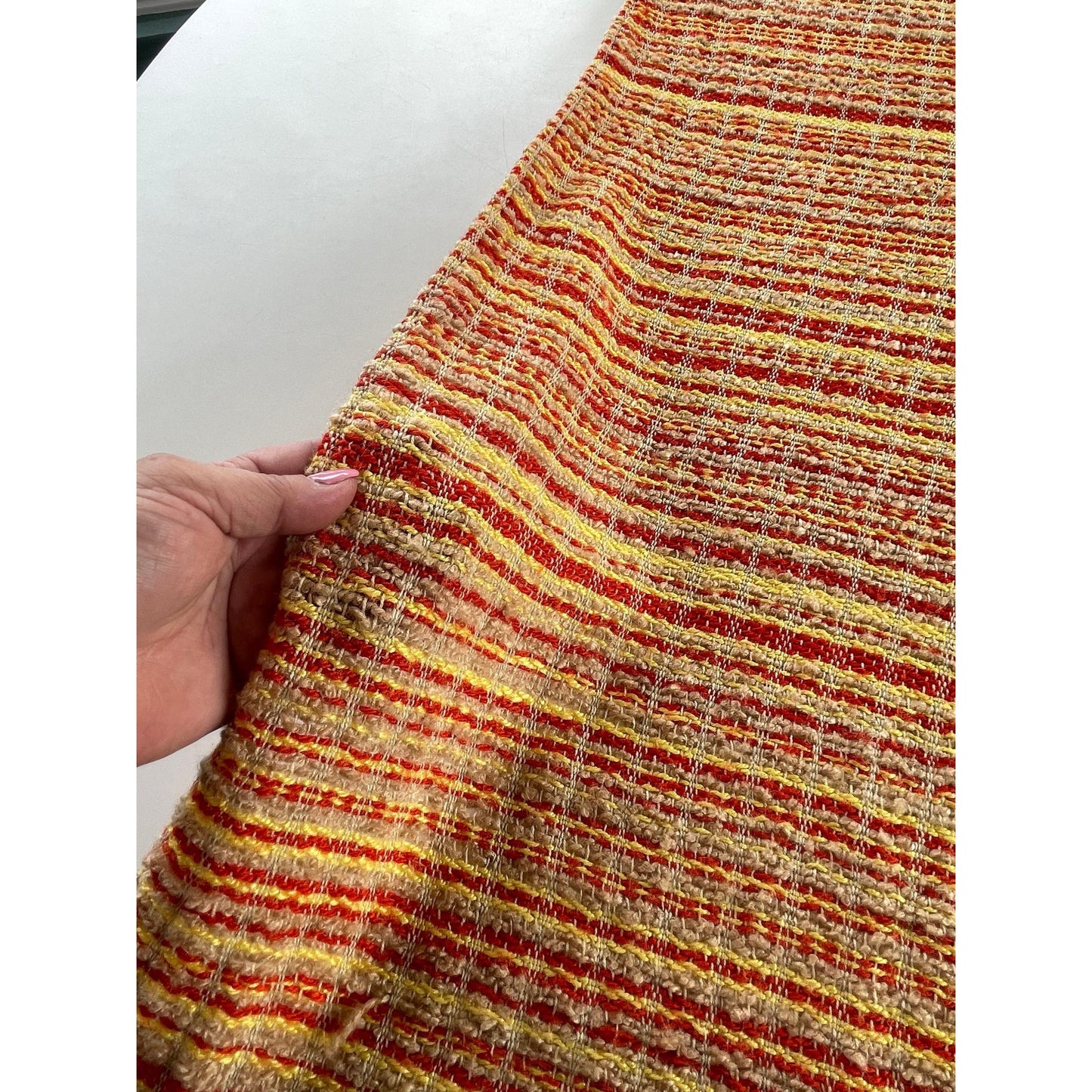 Vintage 70s pleated curtain, orange, yellow, tan stripes