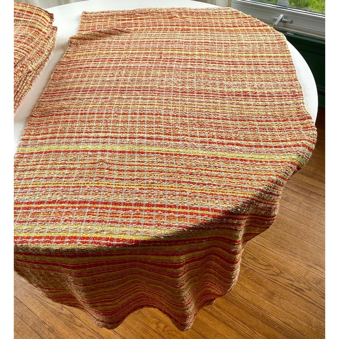 Vintage 70s pleated curtain, orange, yellow, tan stripes