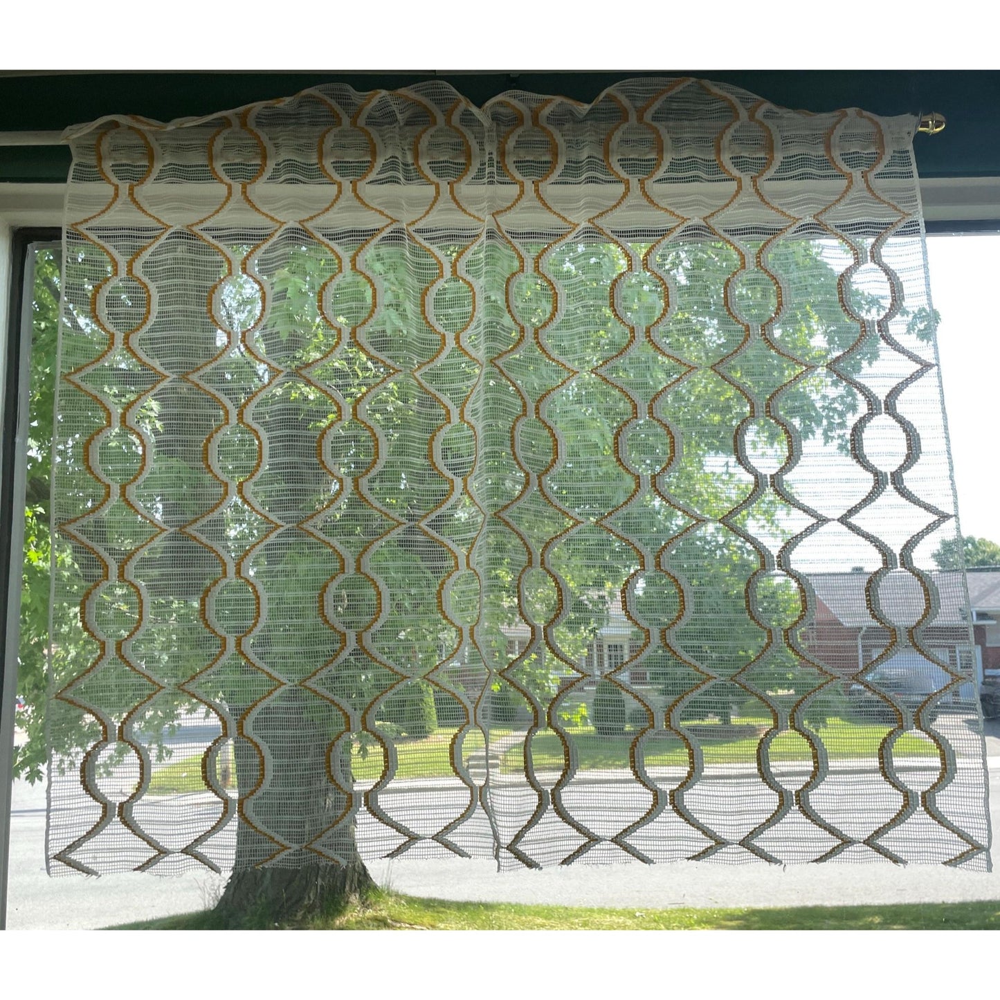 Vintage 70s curtain, yellow/orange embroidered groovy pattern