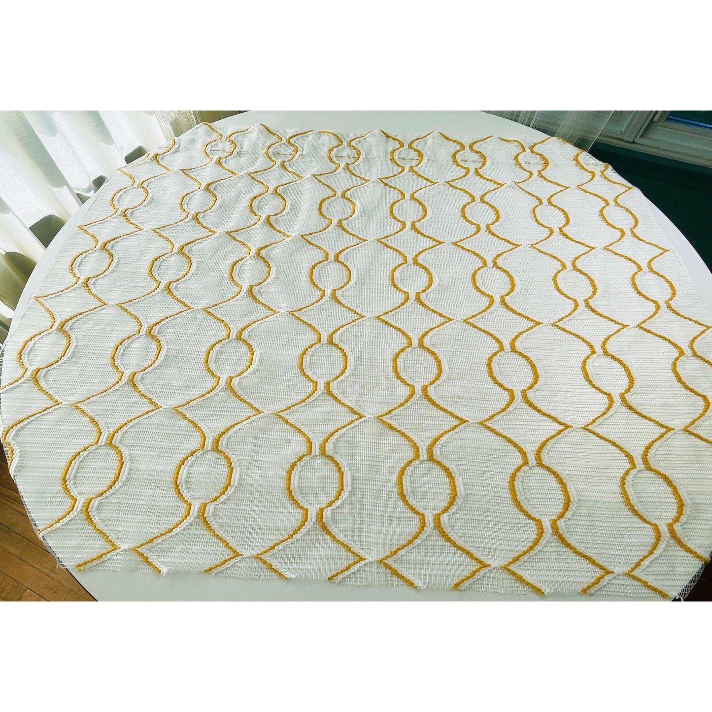 Vintage 70s curtain, yellow/orange embroidered groovy pattern
