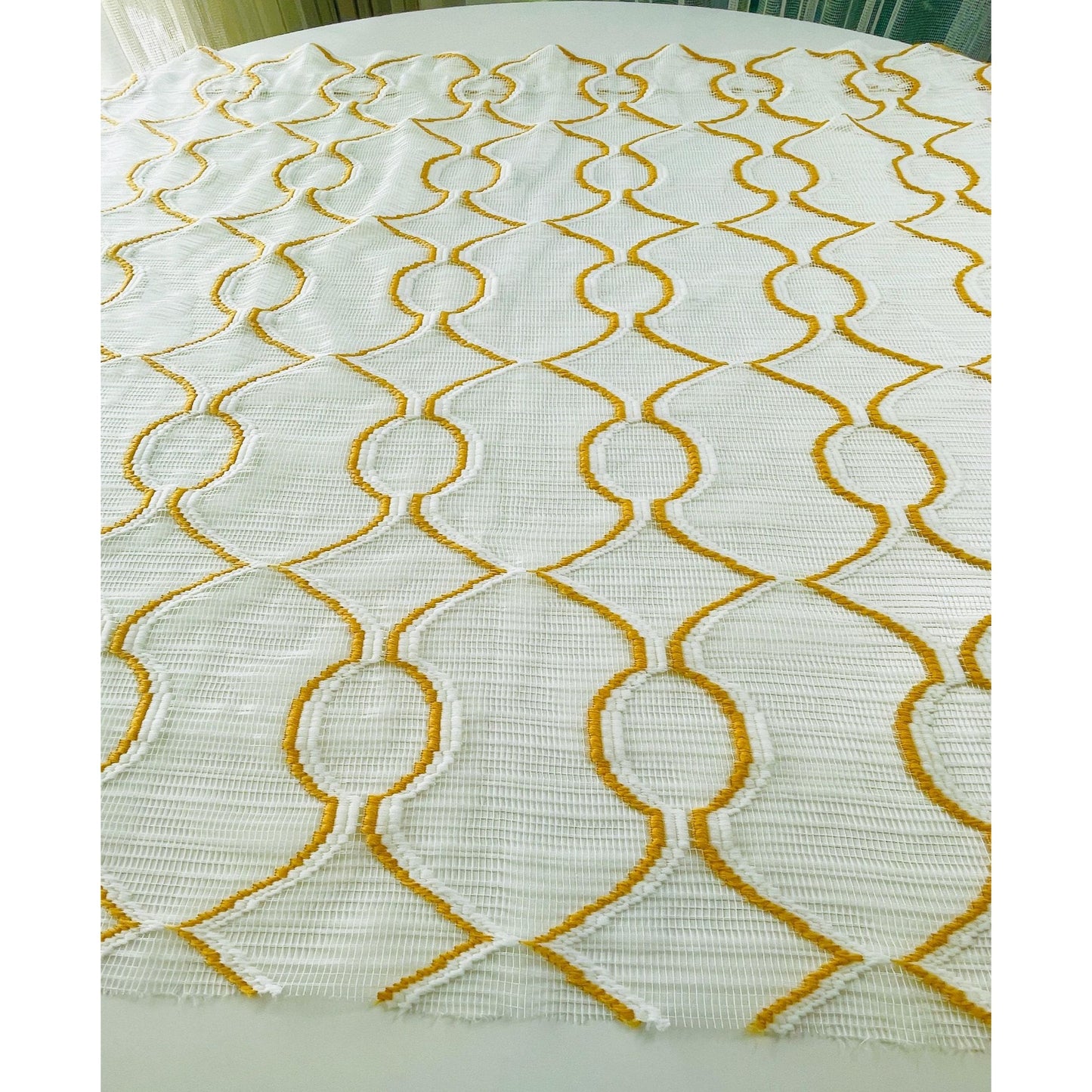Vintage 70s curtain, yellow/orange embroidered groovy pattern