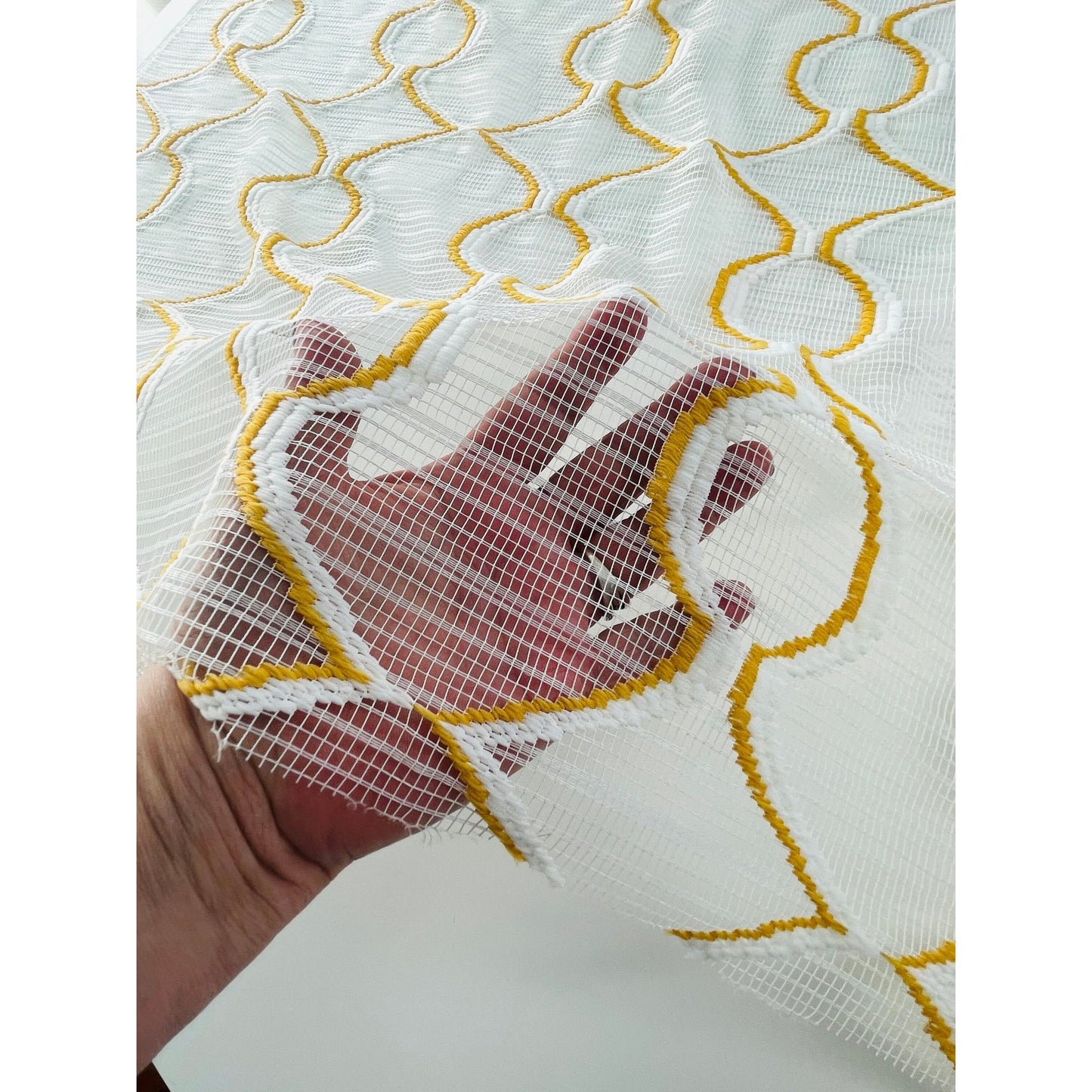 Vintage 70s curtain, yellow/orange embroidered groovy pattern