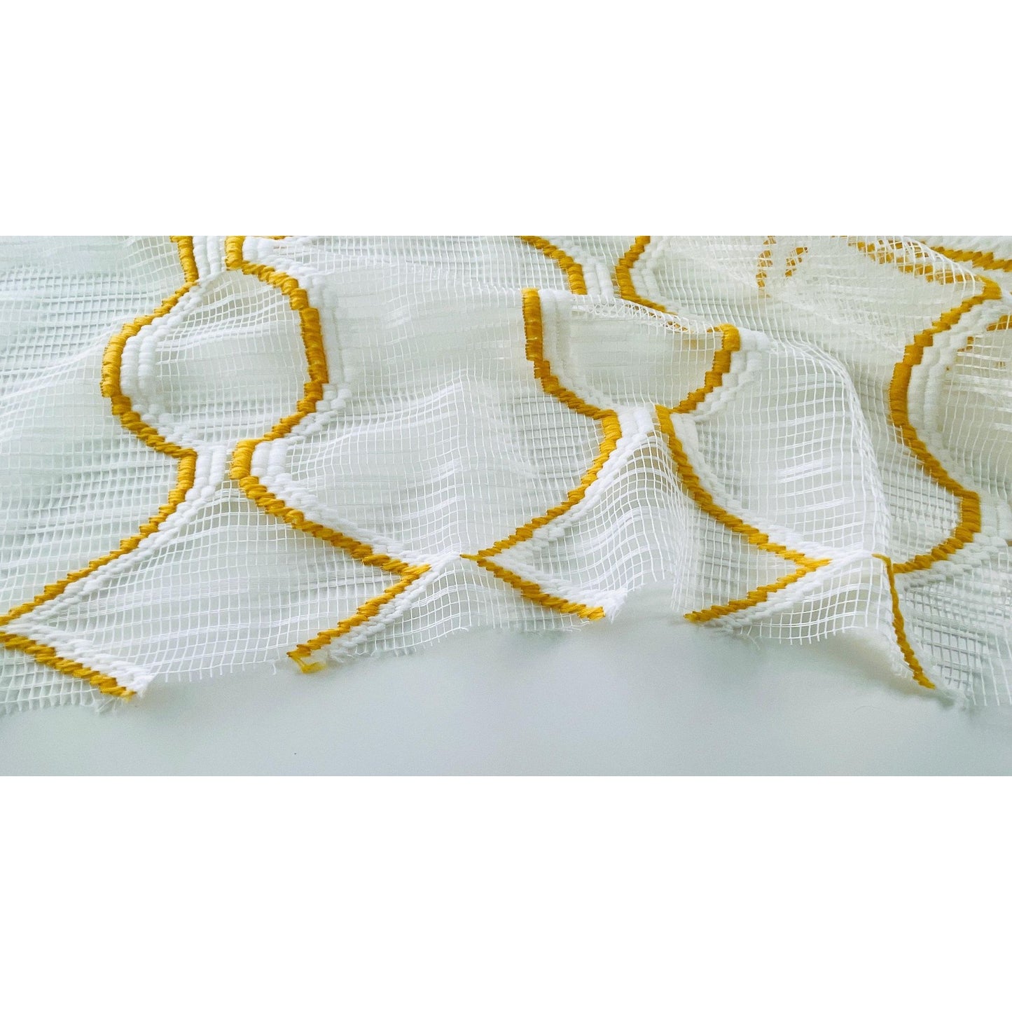 Vintage 70s curtain, yellow/orange embroidered groovy pattern