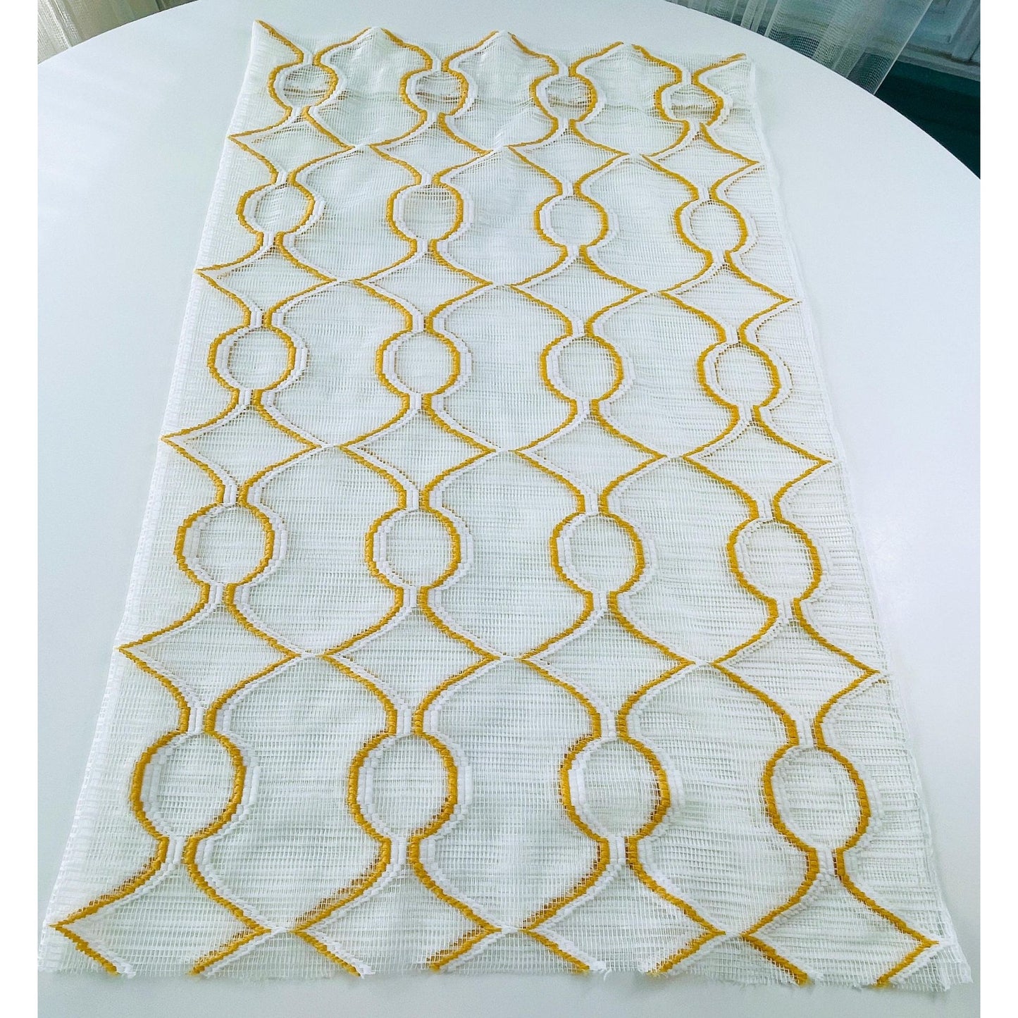 Vintage 70s curtain, yellow/orange embroidered groovy pattern