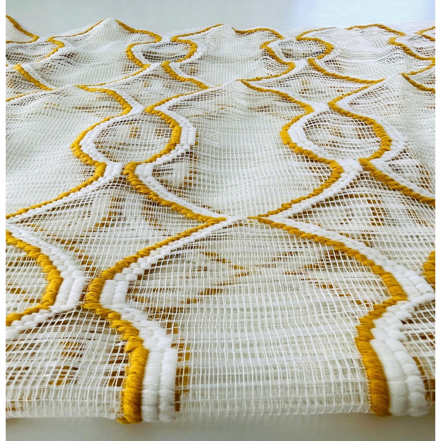Vintage 70s curtain, yellow/orange embroidered groovy pattern