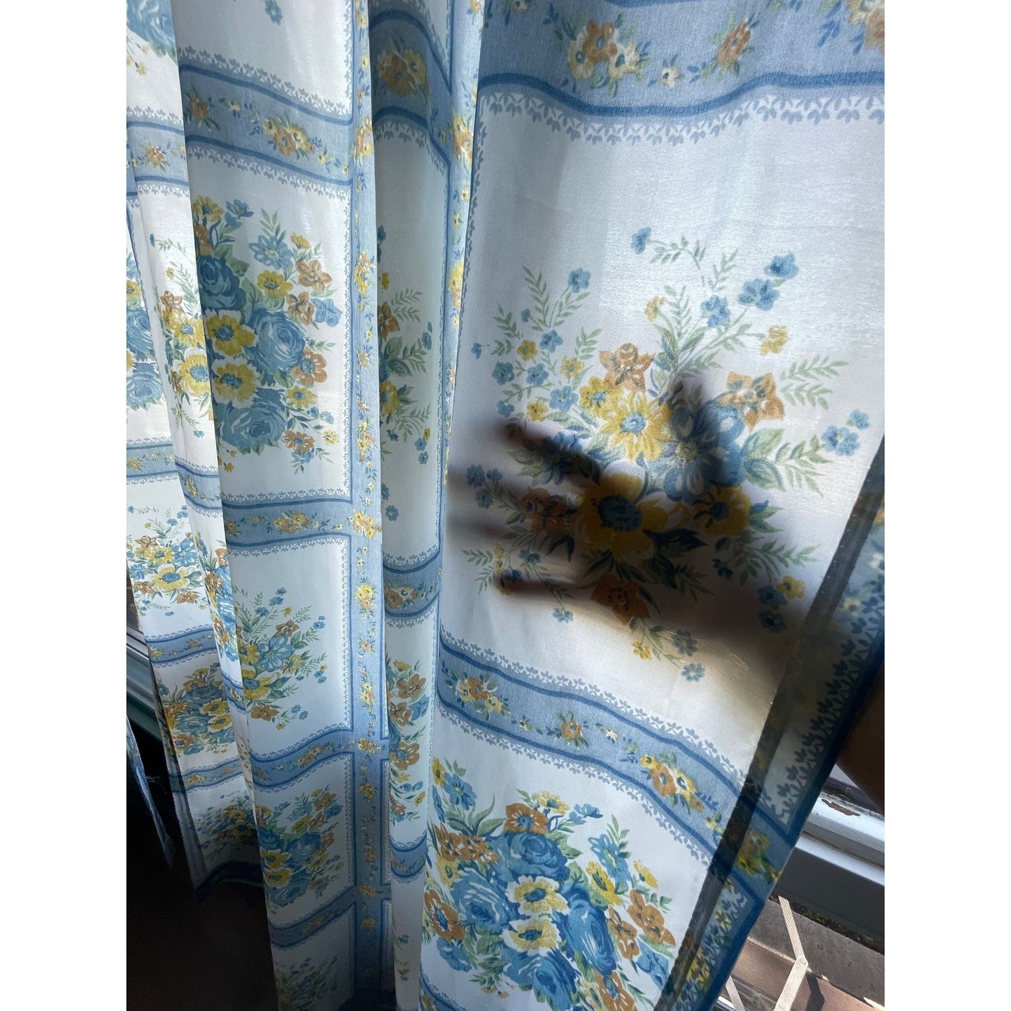 Pair of vintage 70s blue floral curtains panels