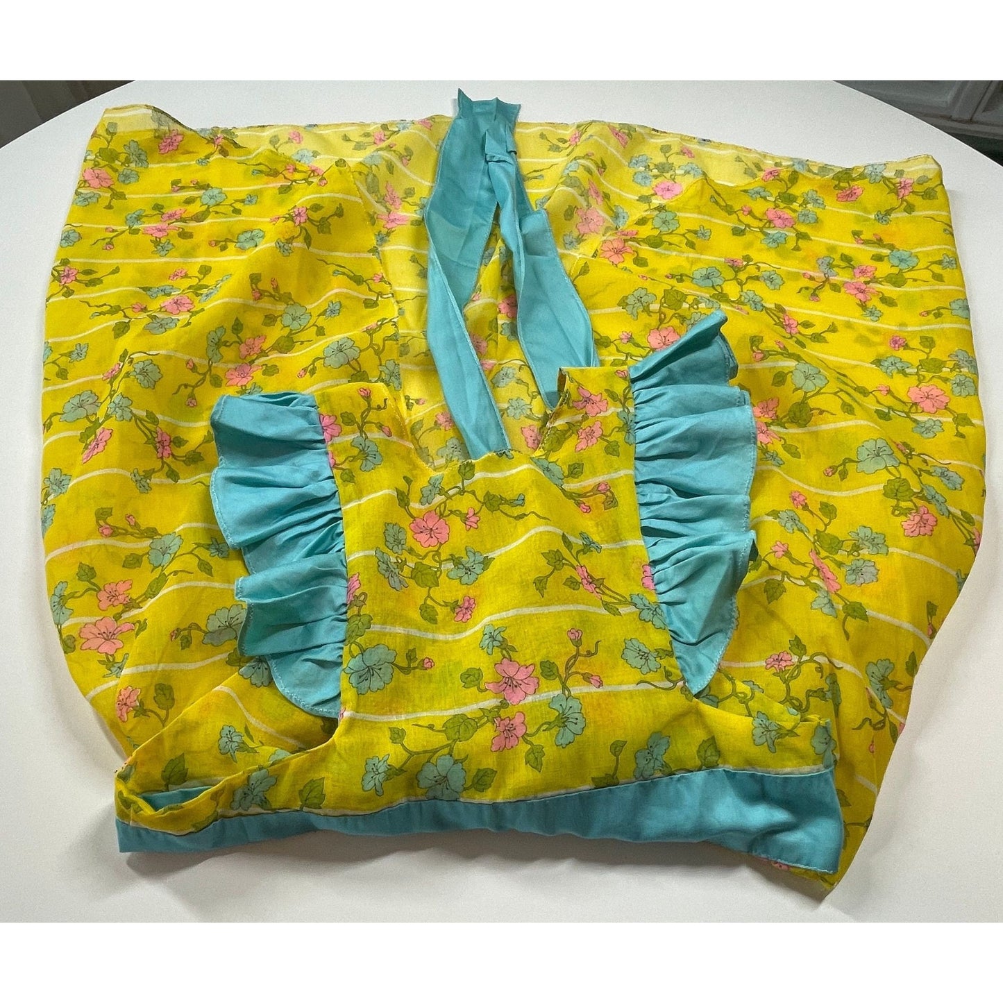 Vintage full apron, pink blue flowers, bright yellow