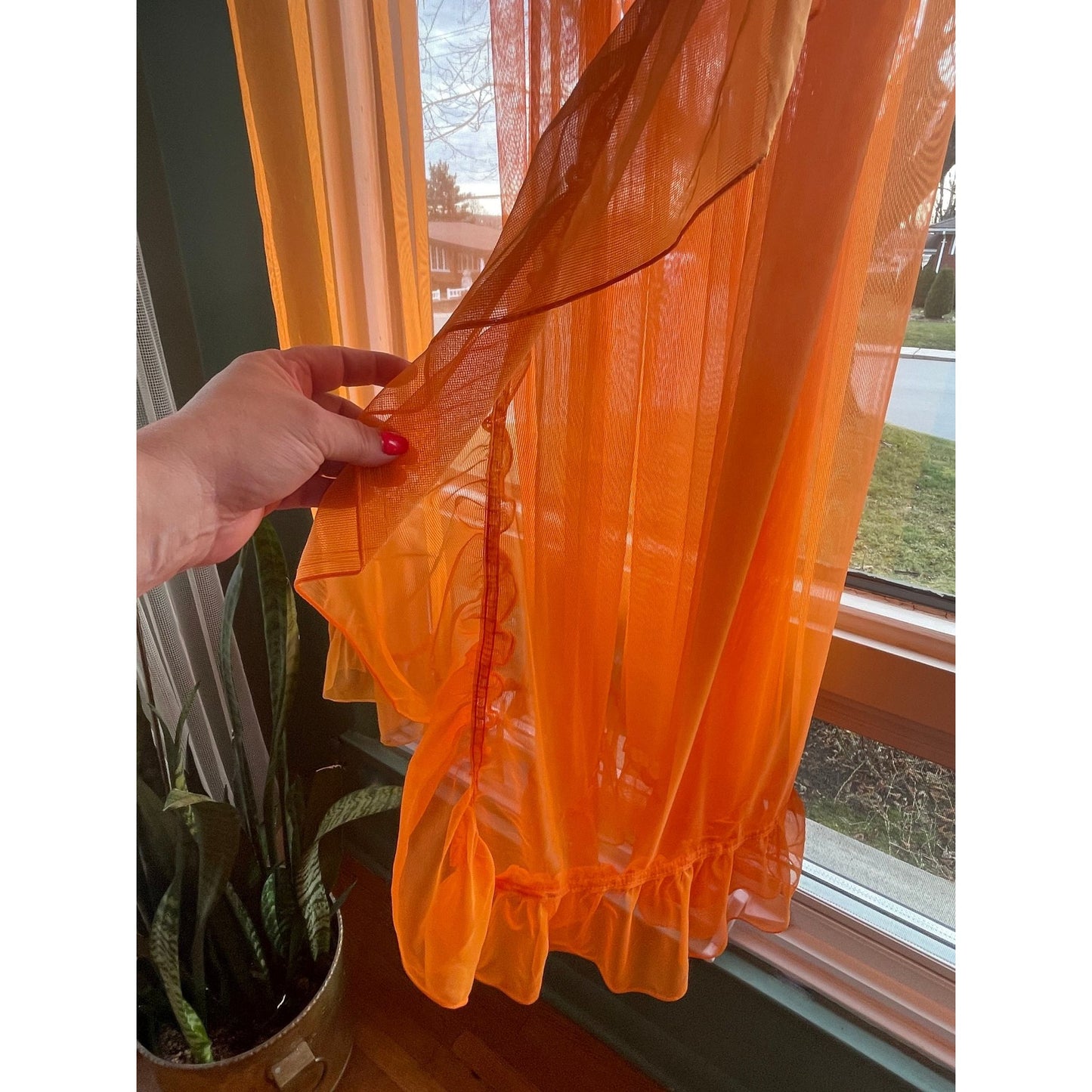Vintage 70s curtains, orange sheer ruffled panels