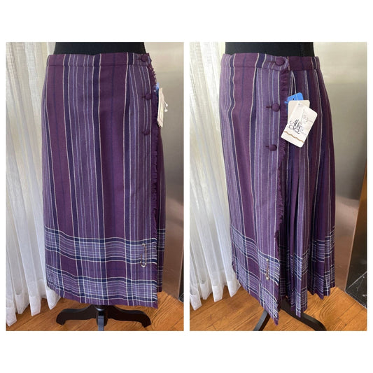 Vintage 80s pleated skirt, purple plaid new with original tag, 100% wool