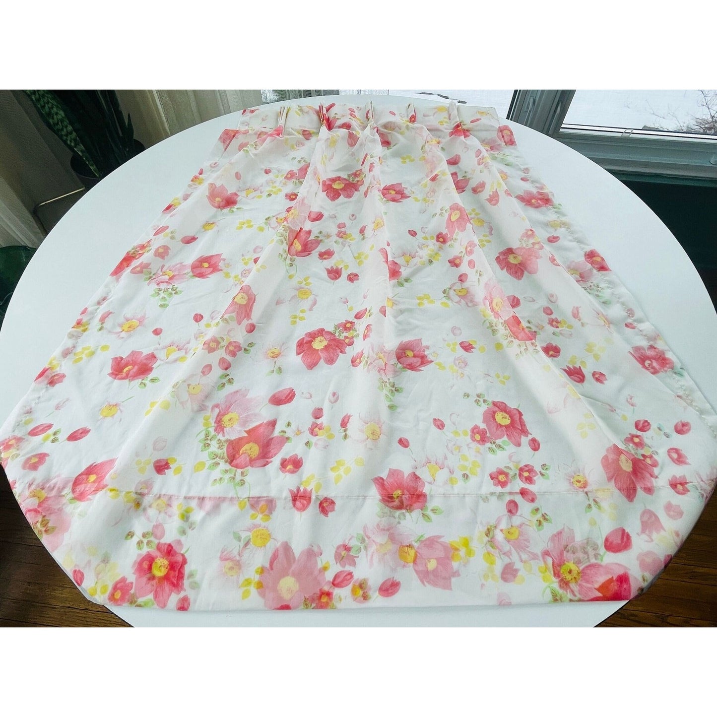 Vintage 70s pleated curtain, sheer pink floral panel